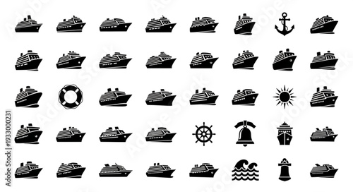 Collection of various black and white ship icons and related nautical symbols.