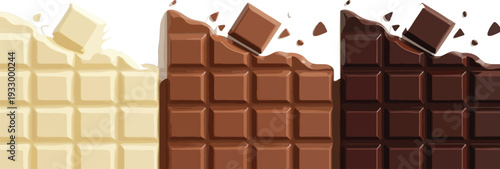 High quality 3D render of white milk and dark chocolate bars with realistic texture and broken pieces.