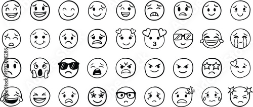 Set of hand-drawn emoji faces and emotions with various expressions, isolated on white background