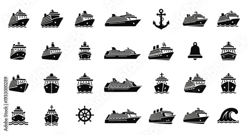 Collection of various cruise ships and nautical elements in black and white.