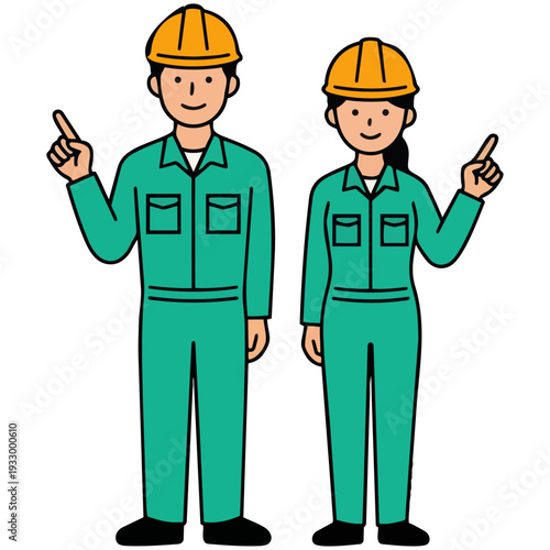 指差し確認をする青や緑の作業服を着た男女の素材です。商品紹介　オススメする　企業のパンフレットや建設現場のポスター、安全啓発のSNS投稿など、幅広いビジネスシーンでご活用いただけます。