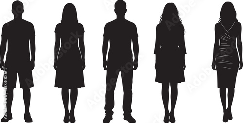 Black silhouettes of male and female human figures standing side by side, simple vector illustration for clothing style comparison, demographic representation, design, and educational projects