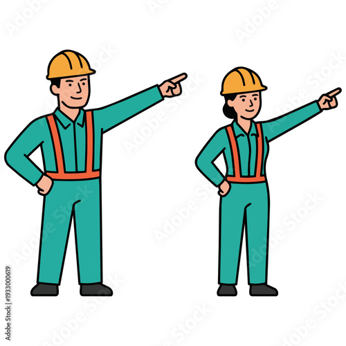 建設業や製造業で前方を指差す青い作業員の男女です。チームの連携でバリバリと働き、確かな成長と輝かしい未来への希望を感じさせるポジティブな雰囲気で、広告やSNSなどの多様なシーンで活用できます。