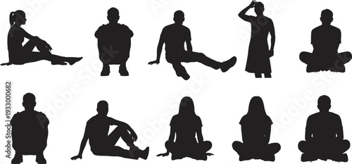 Black silhouettes of seated and standing human figures in various poses, simple vector illustration for body language studies, art references, design projects, and educational materials
