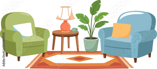 Cozy living room corner illustration with two armchairs wooden table lamp and geometric Southwestern rug.
