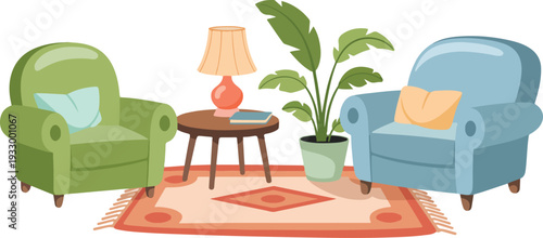 Cozy living room corner illustration with two armchairs wooden table lamp and geometric Southwestern rug.