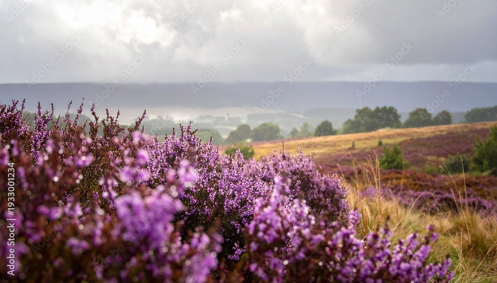 Obraz premium Blooming purple lavender field glistens after rain under cloudy sky