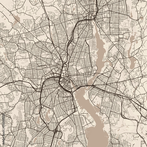 Providence City Map discover a refined linework urban grid subtle and sepia toned a structured blueprint for minimalist aesthetics, emphasizing refined linework, with balanced composition.