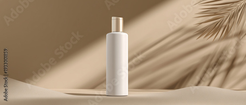 Frasco cosmético minimalista em fundo neutro ideal para apresentação de produto de skincare, beleza e embalagem publicitária.