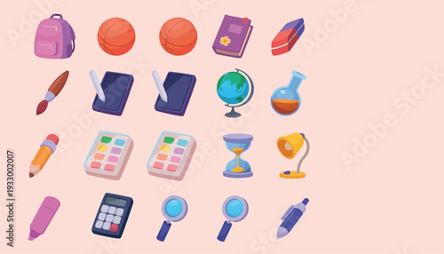 A vibrant collection of modern flat design educational and office supply icons, perfect for representing learning, technology, and study essentials for various projects