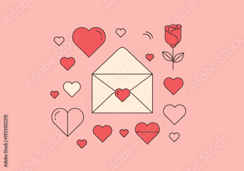 Romantic Envelope with Pink Heart and Rose surrounded by Hearts on a Soft Pink Background for Valentine s Day Celebration or Love Theme Content