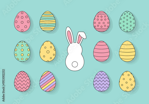Colorful Decorative Easter Eggs Arranged Around A White Bunny Silhouette On A Pastel Background With Soft Shadows For Spring Celebrations