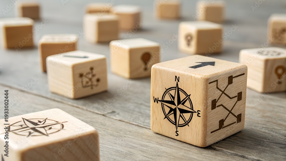 Fototapeta premium Wooden cubes with compass and network icons on a wooden surface navigation direction