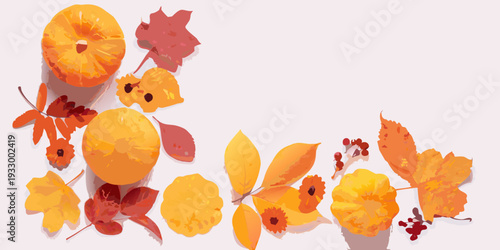 Autumn arrangement of citrus fruit and colorful fallen maple leaves