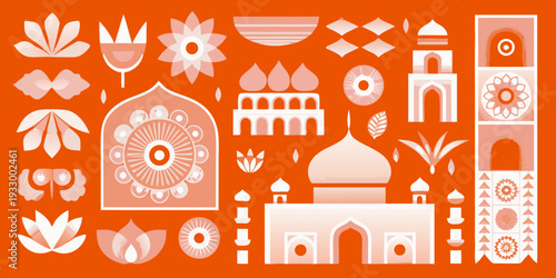 Stylized floral and architectural motifs in shades of orange and white