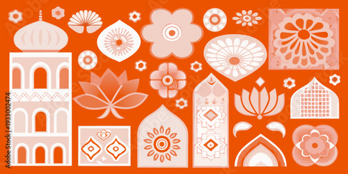 A collection of delicate peach toned floral and architectural designs