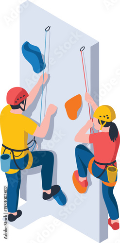 Isometric illustration of two climbers ascending indoor rock wall with ropes, helmets and safety harness teamwork sport concept