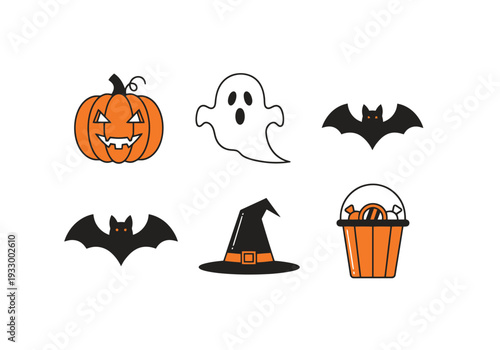 Set of charming seasonal icons featuring a carved gourd specter winged mammal shapes traditional pointy headwear and a receptacle filled with
