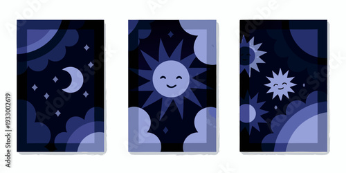 Abstract triptych depicting sun moon and stars in blue hues