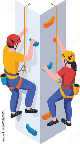 Isometric illustration of two climbers scaling indoor rock wall with safety harness and helmets teamwork sport concept