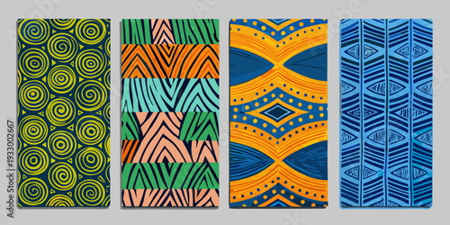 Four vibrant rectangular panels displaying diverse abstract geometric patterns