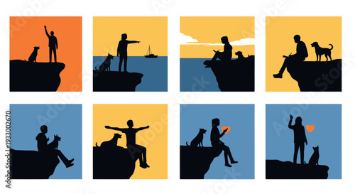 People and pets enjoying scenic views depicted in black silhouette