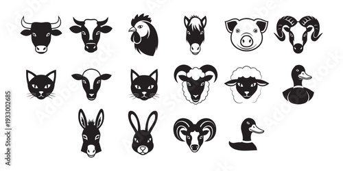 Collection of 15 animal heads in black and white