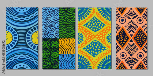 Colorful abstract patterns on canvases arranged in a grid format