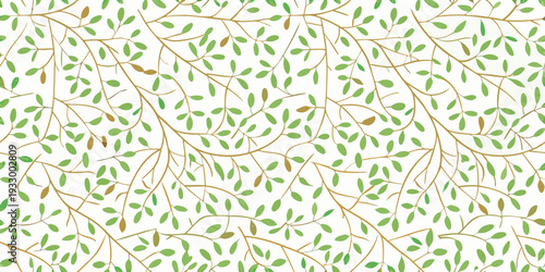 Delicate branches and small green leaves create a seamless pattern