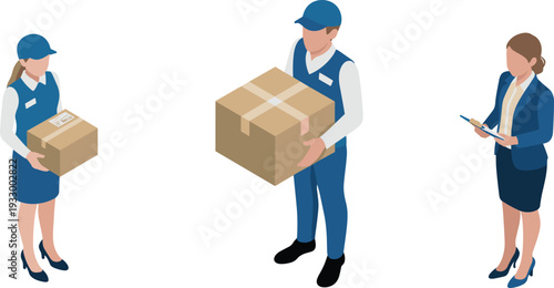 Isometric logistics team illustration, delivery workers carrying cardboard boxes and businesswoman checking clipboard, shipping and distribution service concept