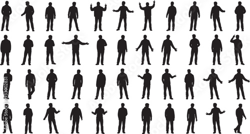 Collection of forty black human silhouettes in diverse standing poses and gestures, vector illustration for gesture recognition, animation, pose estimation, design, and educational projects
