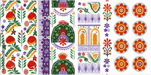 Colorful folk art pattern featuring floral and geometric motifs