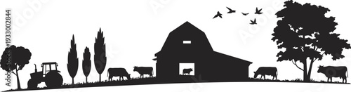 Rural farm landscape silhouette vector illustration, barn tractor cows trees birds countryside agriculture panorama isolated on white background design art