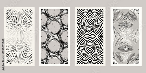 Abstract geometric patterns in grayscale presented as a series of panels