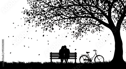 Couple sitting on a bench under a tree romantic red backdrop silhouette