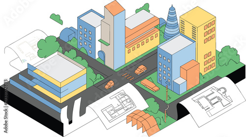 Isometric modern city block with colorful buildings, streets and architectural blueprints, urban planning concept vector illustration