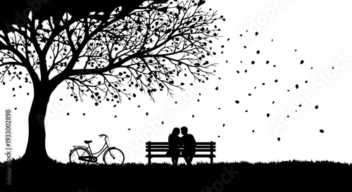 Couple on a bench with a bicycle under autumn trees silhouette