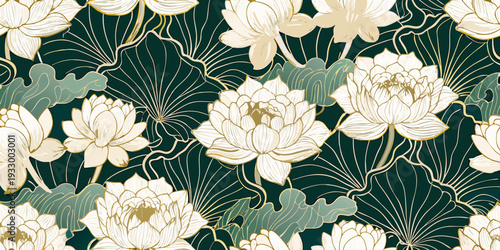 Elegant floral pattern featuring golden line art and lotus blossoms