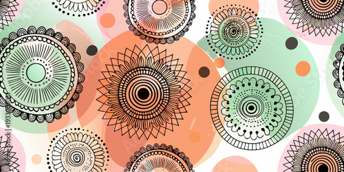 Intricate mandala patterns in pastel colors create a seamless background