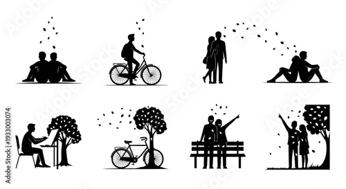 Couples enjoying leisure activities with nature a black silhouette
