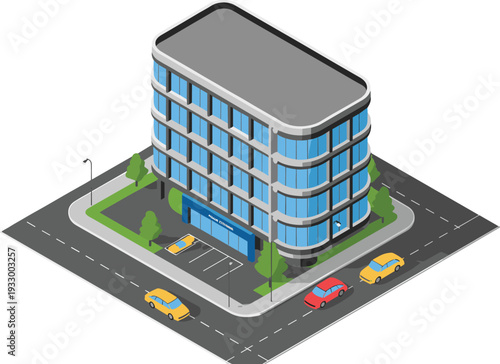 Isometric modern commercial office building with glass facade, urban street corner and parking lot vector illustration