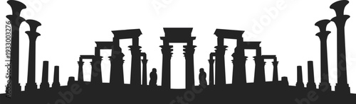 Ancient Egyptian Temple Columns Silhouette Vector Illustration, Historic Ruins Architecture Landmark Panorama Isolated on White Background Design