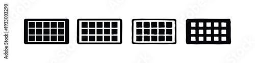 Solar Panel Icon Set. Photovoltaic Cell Symbols with Grid Pattern in Flat and Outline Styles. Renewable Energy Vector.