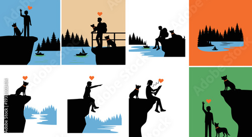 People and dogs enjoying lakeside views in a distinct silhouette