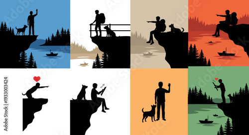 People and pets enjoying scenic views in a minimalist silhouette