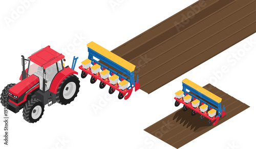 Isometric red tractor with seed drill planting crops in plowed field agricultural machinery farming illustration