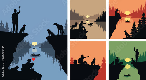 Four scenes depict people and dogs enjoying nature a striking silhouette