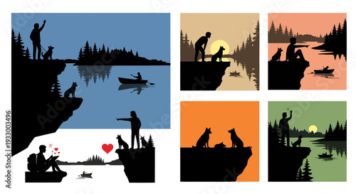 Man dog and lakeside scenes depicted in a striking silhouette