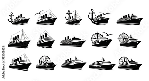 Collection of various vintage ship illustrations in black and white, perfect for design.