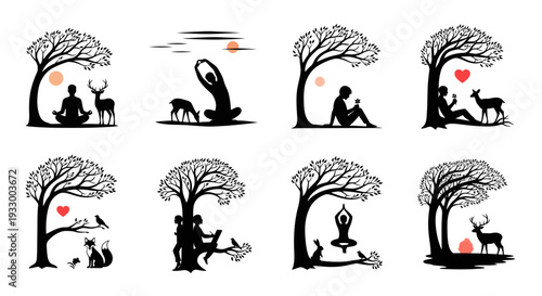 Nature scenes with animals and people in black silhouettes